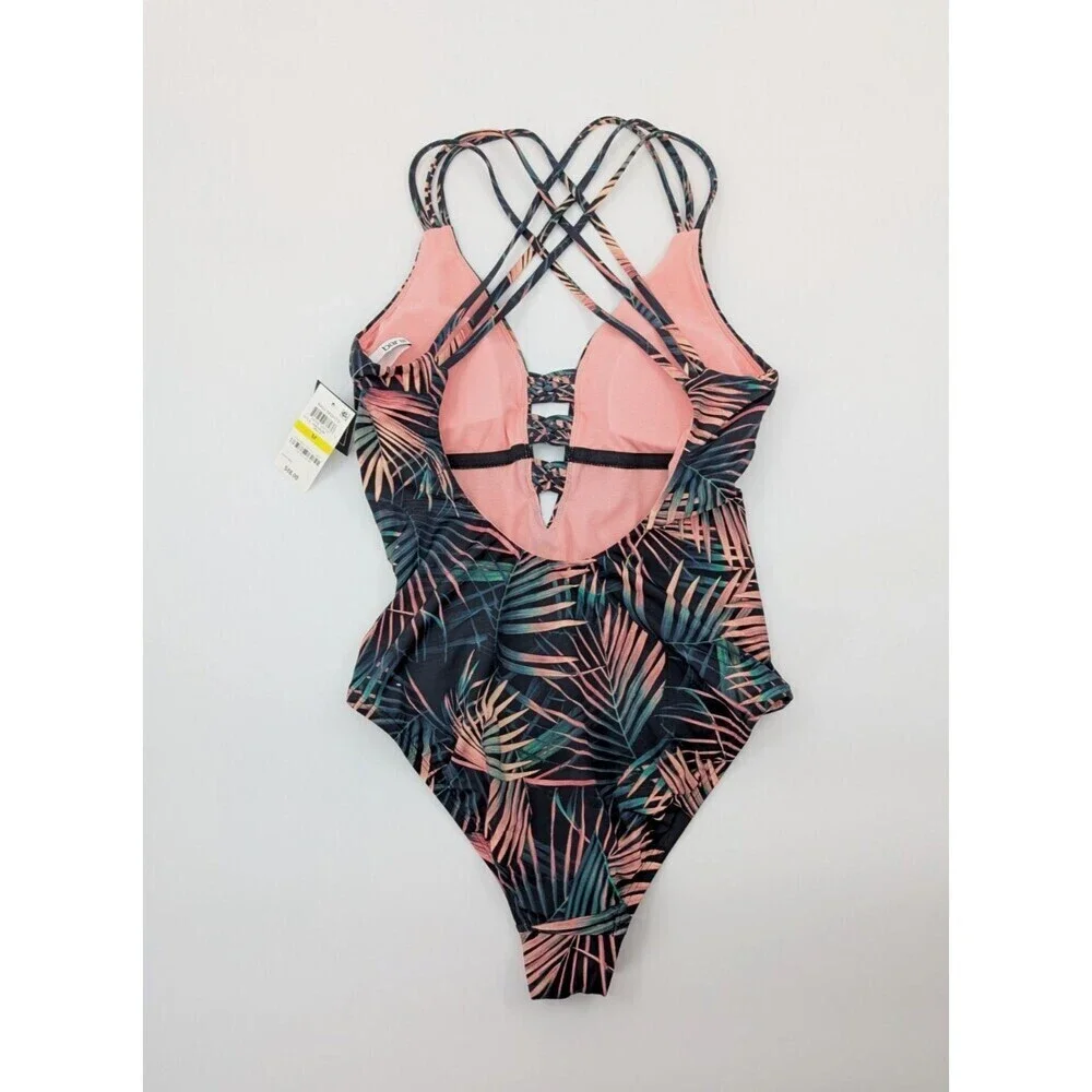 Bar III Swimsuit Women Medium One Piece Plunge Green Tropical Criss Cross Straps